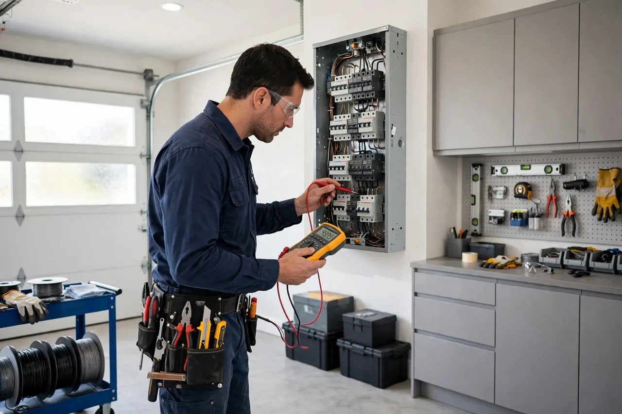 A pro checking a modern electrical panel in a home
