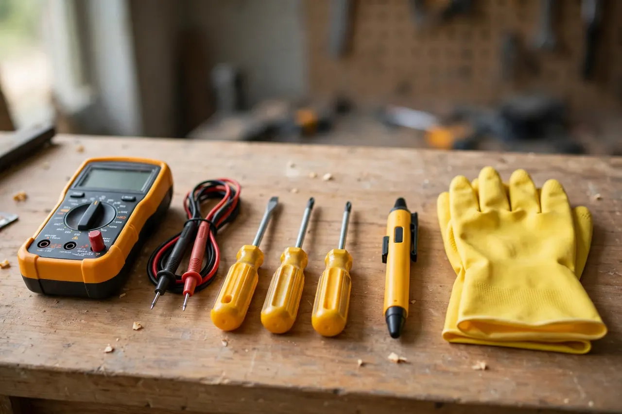 Electrical tools and a tester laid out ready for an emergency call