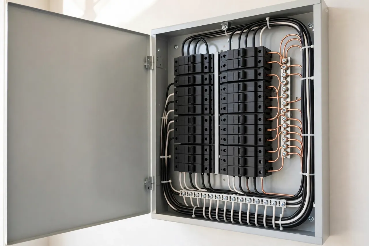 A repaired, tidy breaker panel after a pro visit