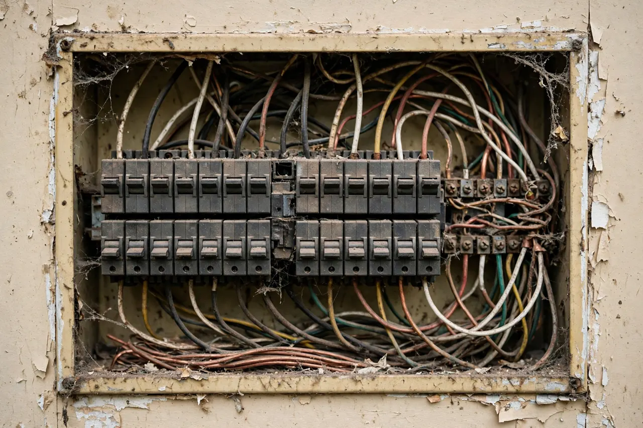 A worn, overloaded breaker panel before repair